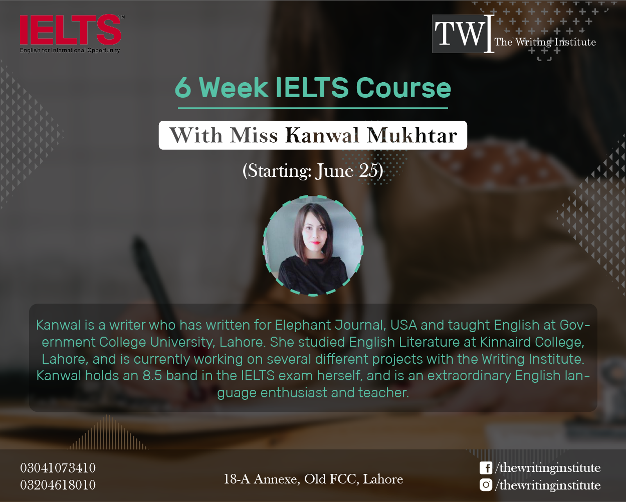 IELTS course announcement describing Kanwal's background and 8.5 band score